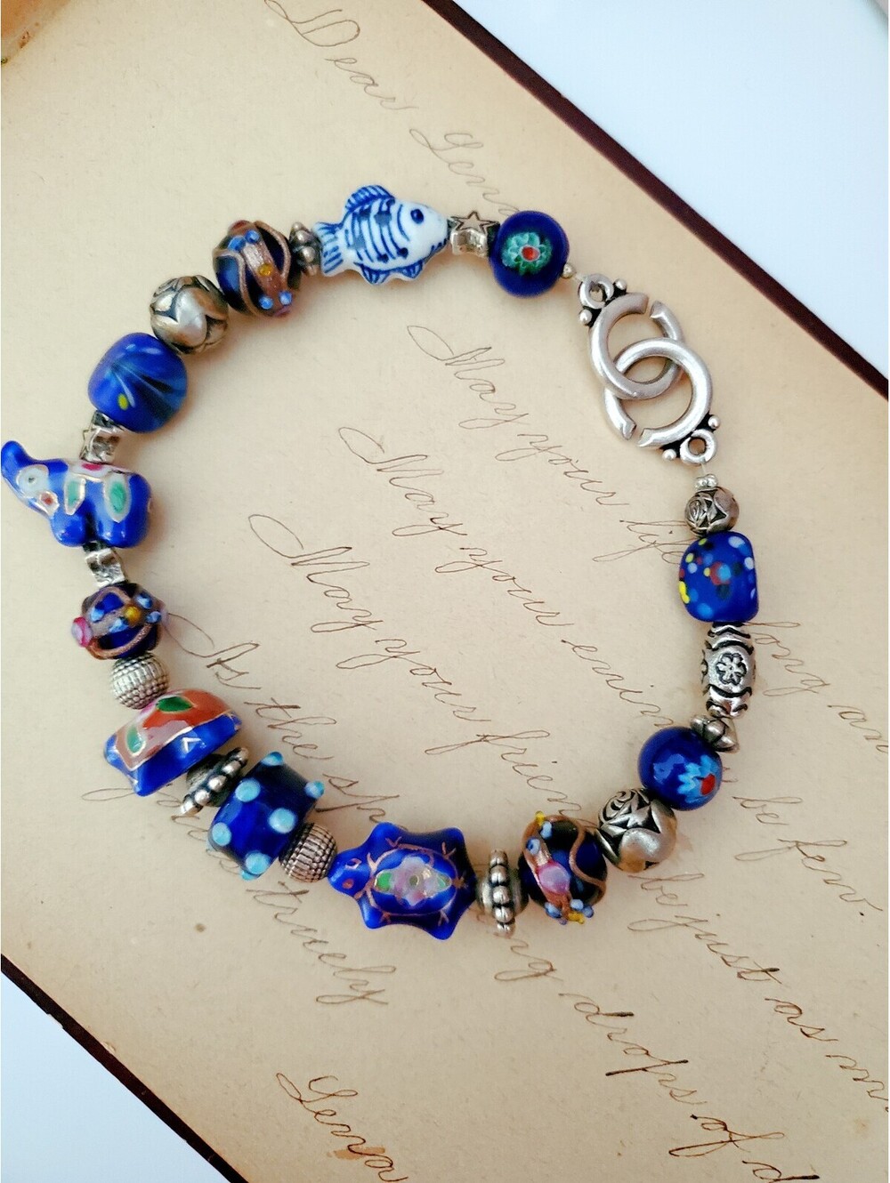 Vintage Blue Multi-color Lampwork Art Glass 9" Bracelet